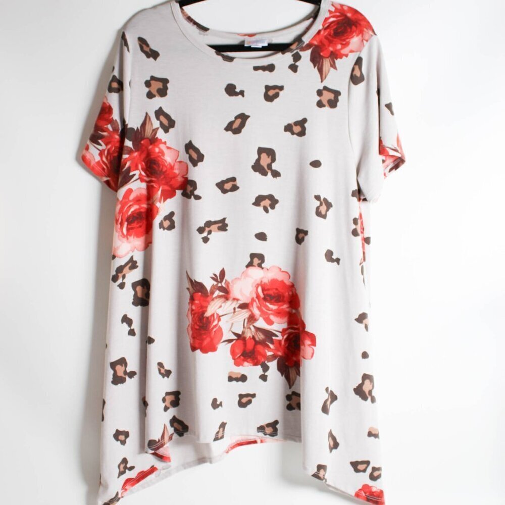 LuLaRoe Irma Tunic Top Red Floral Leopard Print - P2P 22"